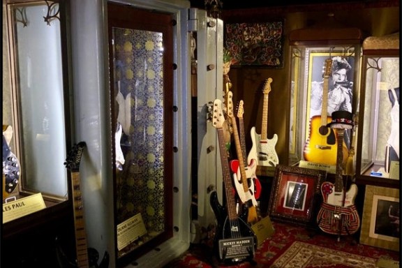 a room with guitars