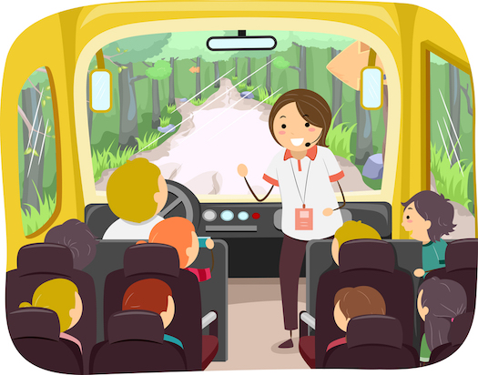 Illustration of Kids on a Tour Bus Listening to Their Tour Guide a close up of a toy
